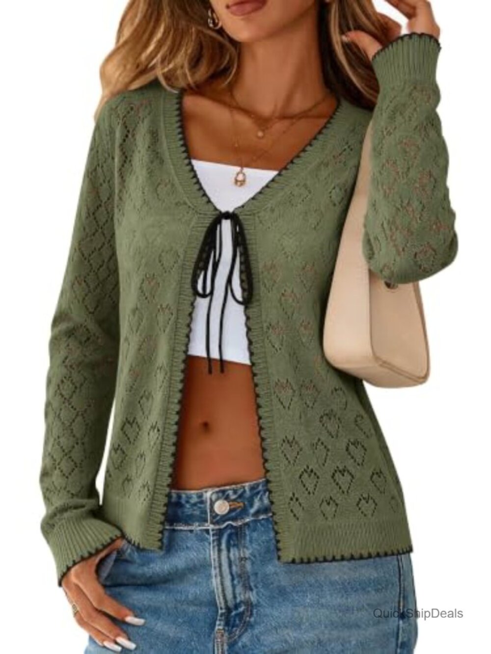 Pointelle Knit Tie Front Open Cardigan Long Sleeve Crop Sweater Top